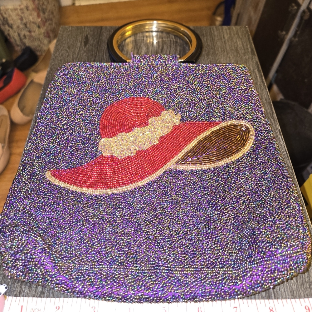 Asly's Red Hat Society Purse Glass Beaded Sequined Circular Handles Vintage